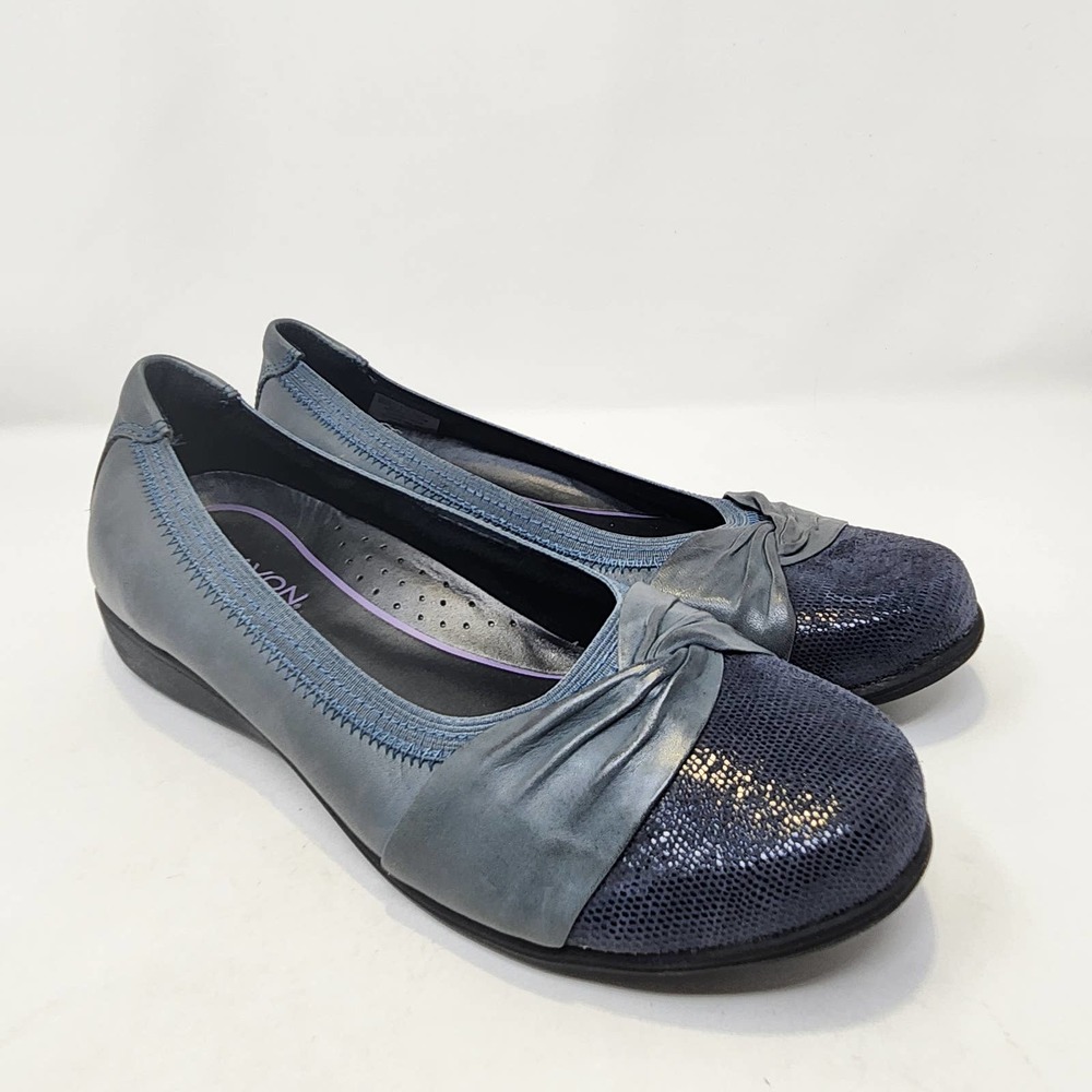 Aravon Womens Andrea Blue Leather Ballet Flats Slip On Shoes 6.5 B Arch Support